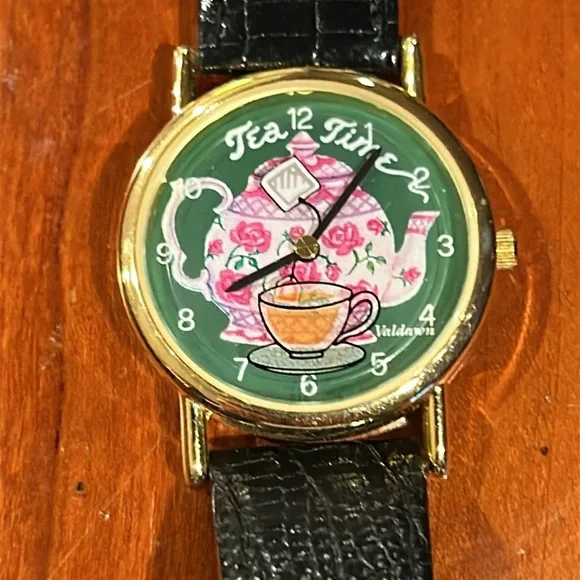 Tea Time Pop Art Tea Pot Watch Genuine Black Leather Strap Watch Gold Accents - Picture 2 of 12